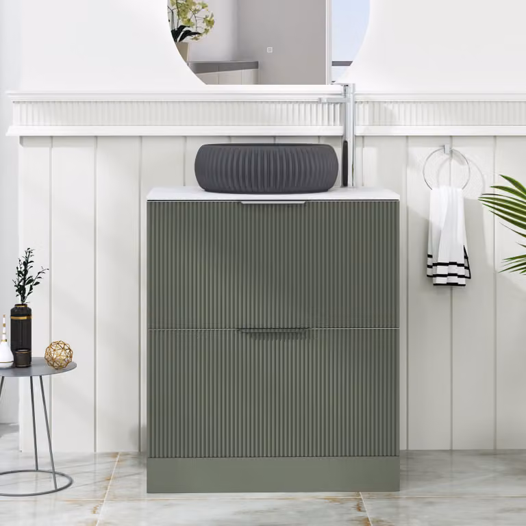 Royal Bathrooms Evora 700mm Sage Green Fluted Floor Standing 2 Drawer Vanity Unit with Milan Black Basin