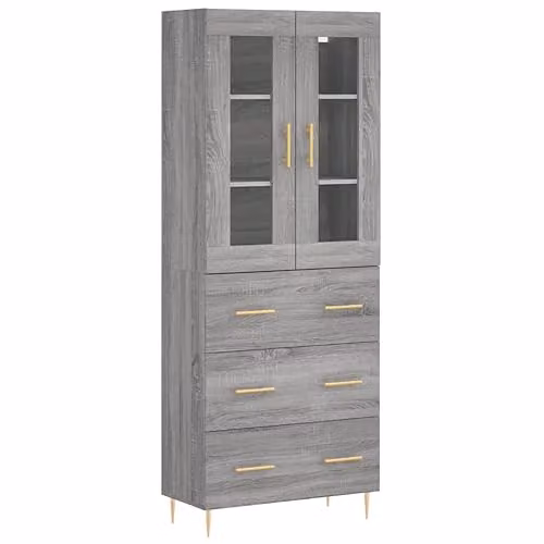 vidaXL Modern Grey Highboard with Glass Doors and Internal Shelves, W/D/H: 69.5 x 34 x 180 cm