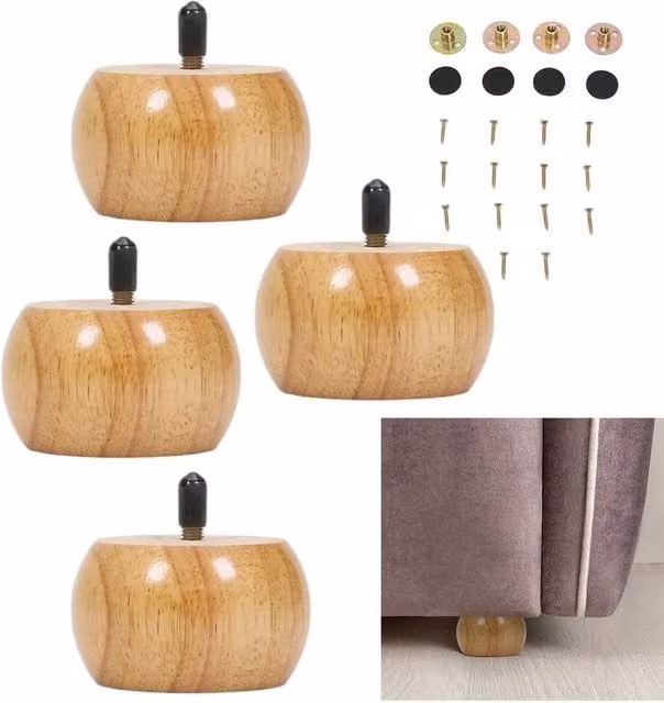 EONLION Set of 4 Brown Wooden Replacement Bun Sofa Legs