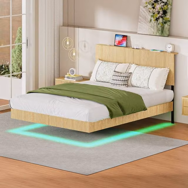 Matteo Modern Floating Bed with Fluted Headboard in Natural, featuring USB charging ports and under-bed lighting, W/D/H: 140 x 200 cm