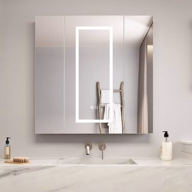 KEEPREAPER Modern White Bathroom Mirror Cabinet with LED Lighting and Anti-Fog Sensor Switch, W/H: 80 x 80 cm