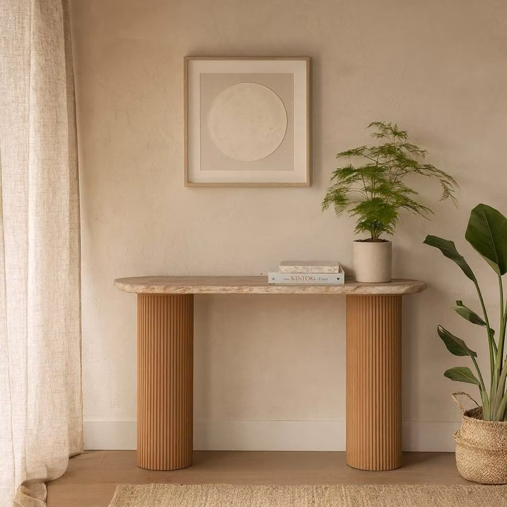 Wyld Haus Boston Pedestal Console Table in Natural Oak and Brown Marble, W/D/H: 40.0 x 34.15 x 77.0 cm – 2