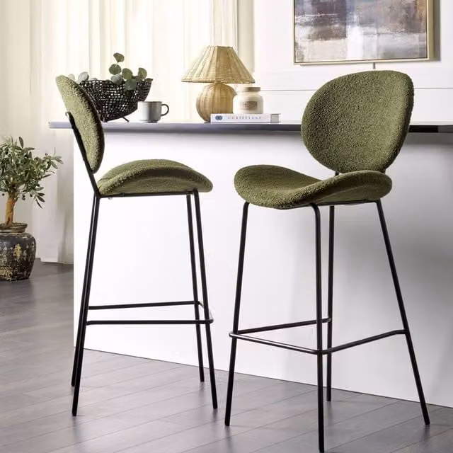 Wyld and Coco Set of 2 Dark Green Boucle Bar Chairs with Black Metal Legs – 1