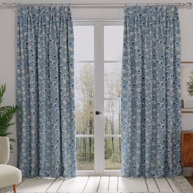Terrys Blue Floral Cotton Blackout Fabric Panel Curtain