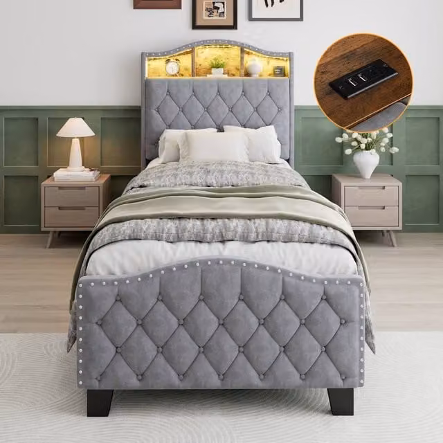 Rolipo Single Upholstered Velvet Bed in Grey with LED Under-Bed Lighting and Side Storage, W/D/H: 90 x 190 x 124 cm