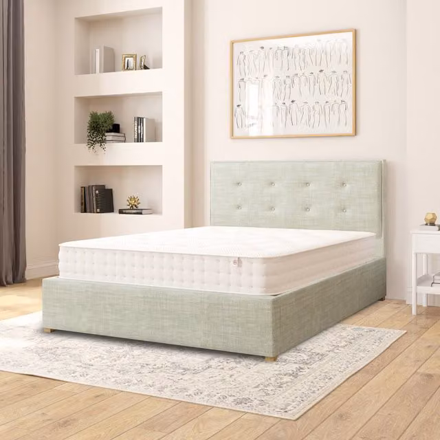Aspire Presley Fabric Ottoman Storage Bed in Eau De Nil Blue Green Cotton Fabric, W/D/H: 180 x 200 cm