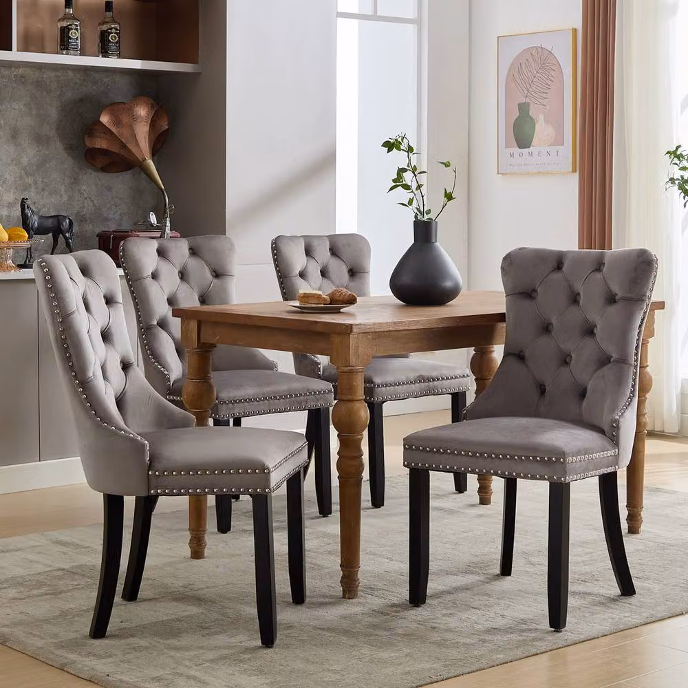 Merax Set of 4 Grey Velvet Button Tufted Dining Chairs with Rubberwood Legs – 2