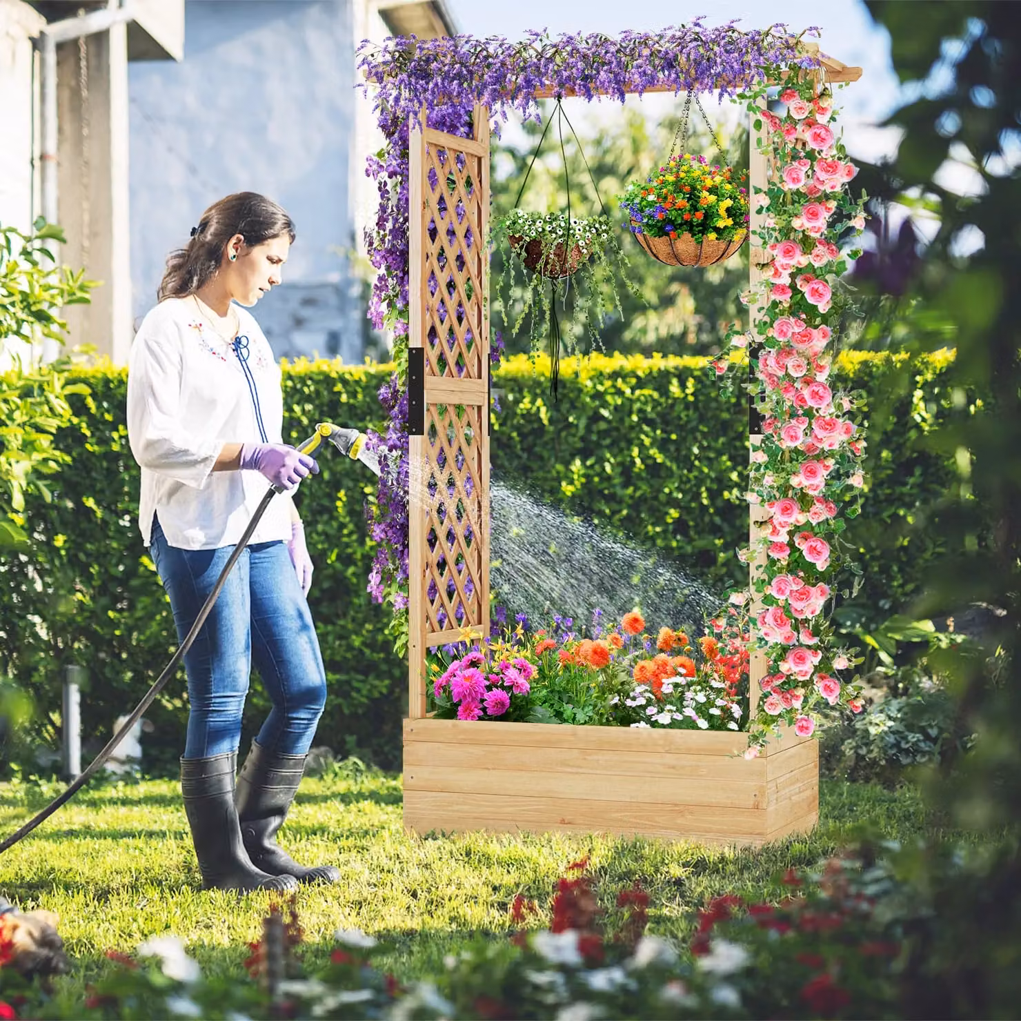 Gymax Raised Garden Bed Fir Wood Planter Box with Hanging Roof in Light Khaki, W/D/H: 180 x 110 x 39 cm – 3