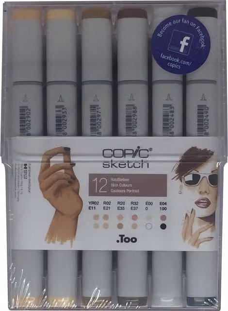 Copic Sketch Professional Brush Marker Pen Set, 12 Piece, Skin Tones, Multicolour