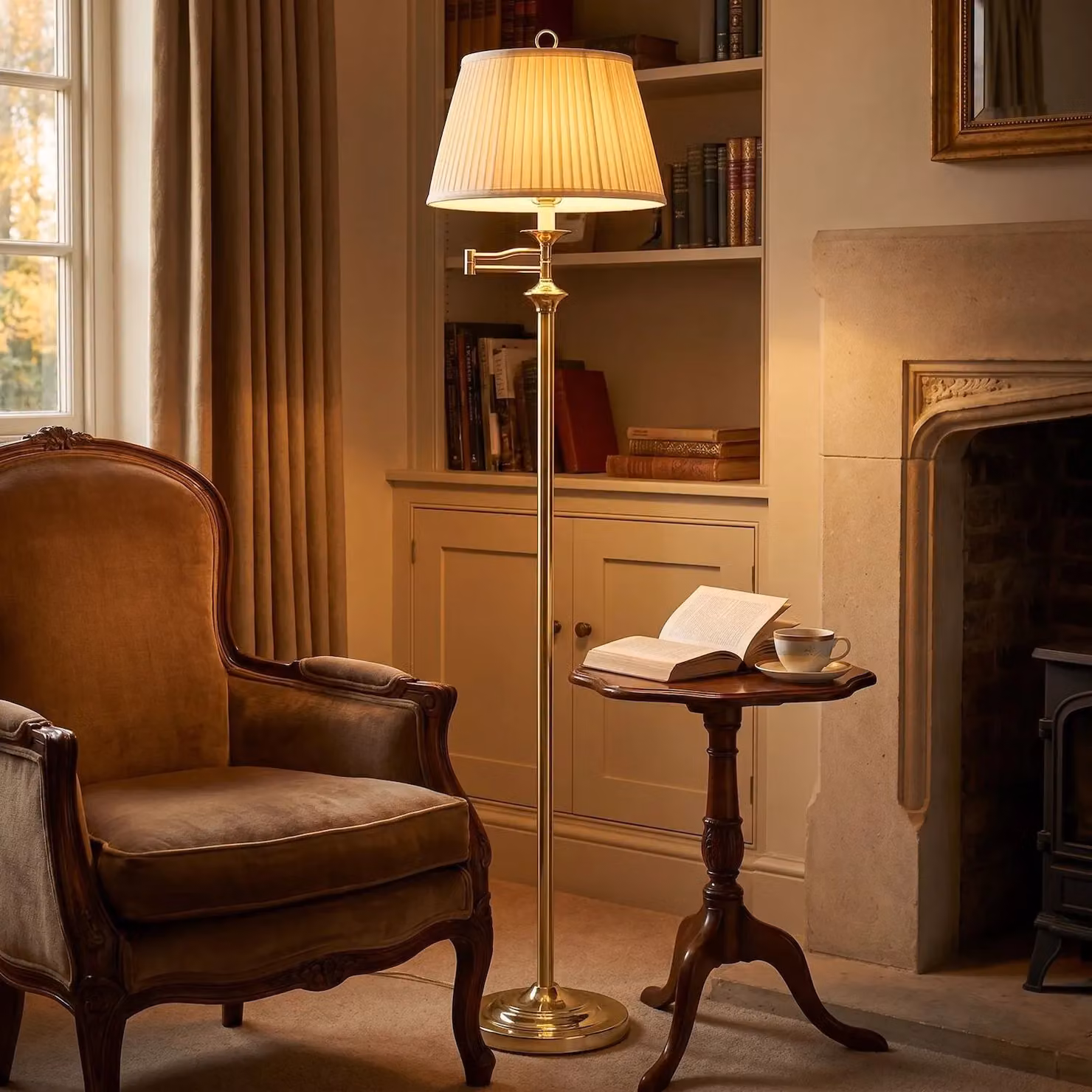 Happy Homewares Classic Adjustable Swing Arm Floor Lamp in Gold with Beige Fabric Shade – 2