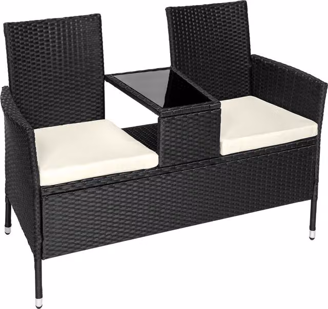tectake Modern Poly Rattan Garden Bench Love Seat with Glass Table in Black and Beige