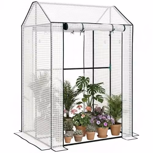Outsunny Freestanding Mini Greenhouse with 2 Roller Doors in White, W/D/H: 100 x 80 x 150 cm – 1