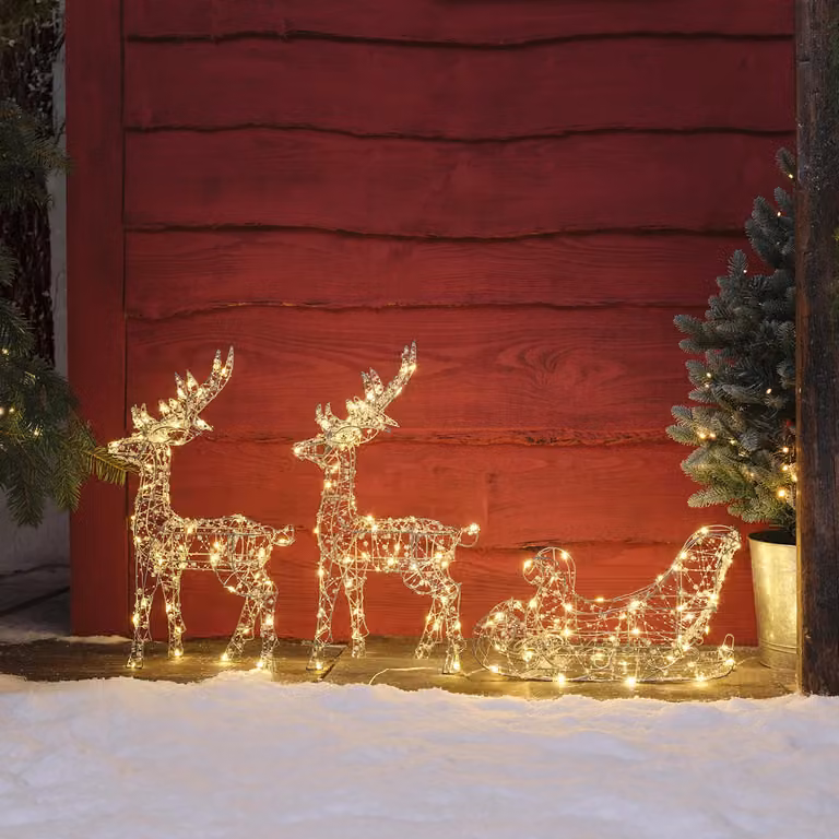 Lights4fun Set of 2 Beaded Micro Reindeers and Sleigh with Warm White Micro LED Lights in Silver, White and Transparent