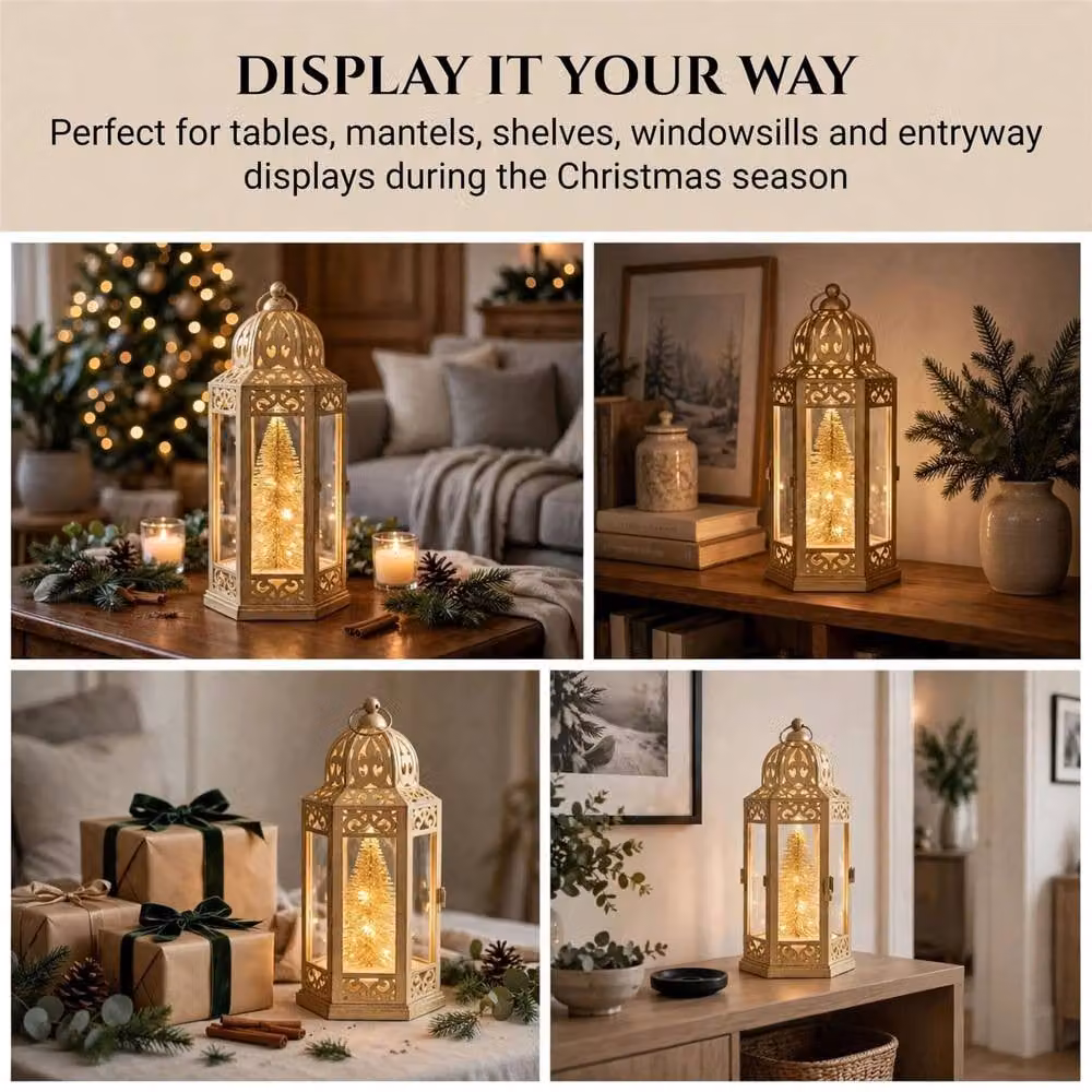 Shatchi Gold Battery Operated LED Christmas Lantern, Vintage Hexagonal Tabletop Design, Height: 30 cm – 6