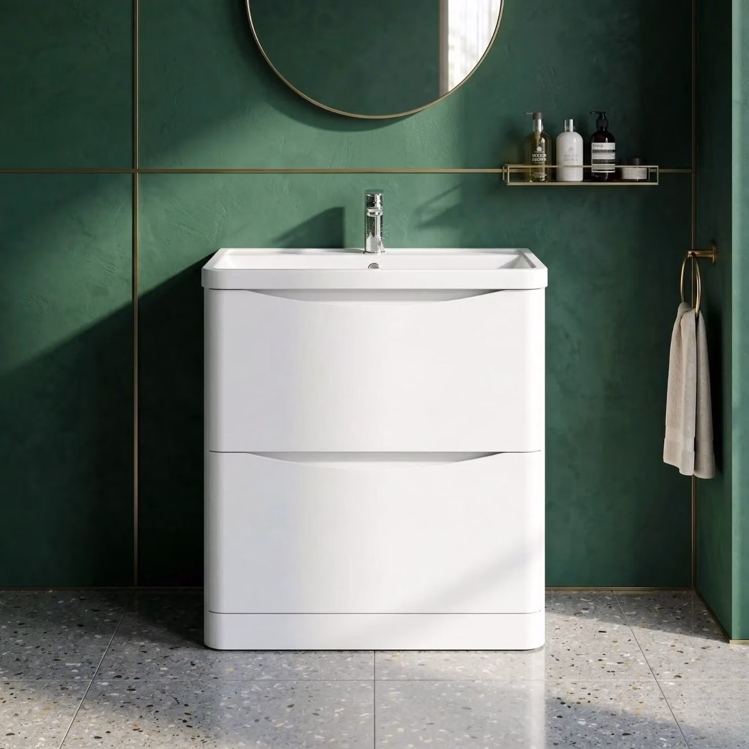 Balterley 2 Drawer Bathroom Floor Vanity with Polymarble Basin, Satin White, W: 80 cm – 4