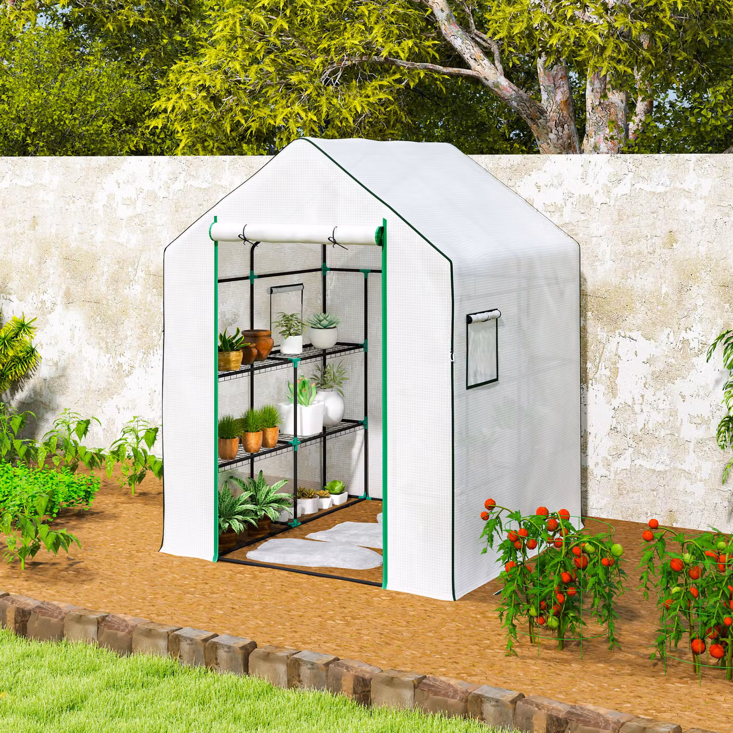 Outsunny White Walk-In Greenhouse with Shelving and Accessories, W/D/H: 143 x 143 x 190 cm – 4