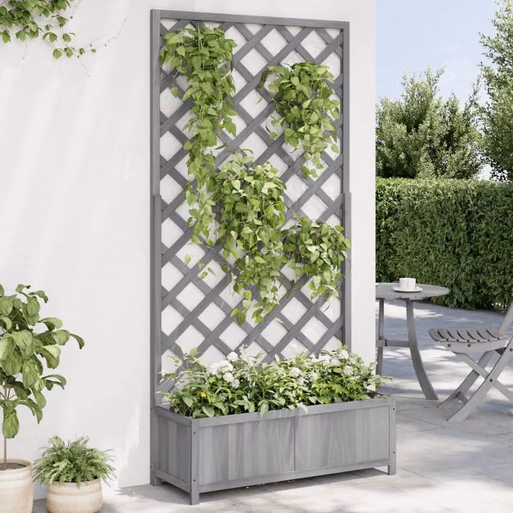 Berkfield Home Grey Solid Wood Fir Planter with Trellis – 2