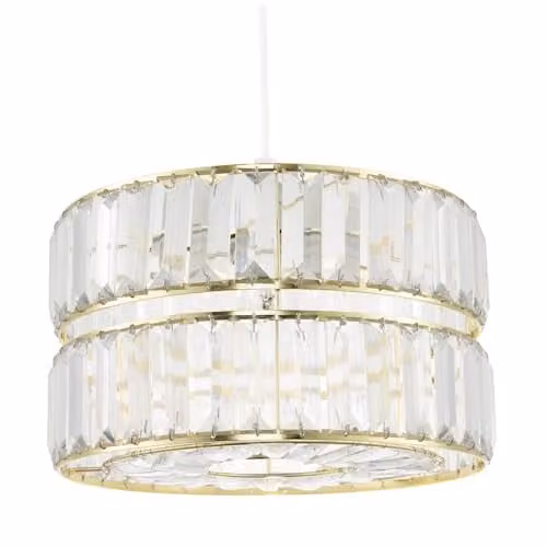 Happy Homewares Modern Double Tier Round Pendant Shade with Clear Acrylic Prisms and Gold Metal Frame, W: 15 cm, H: 25 cm – 1