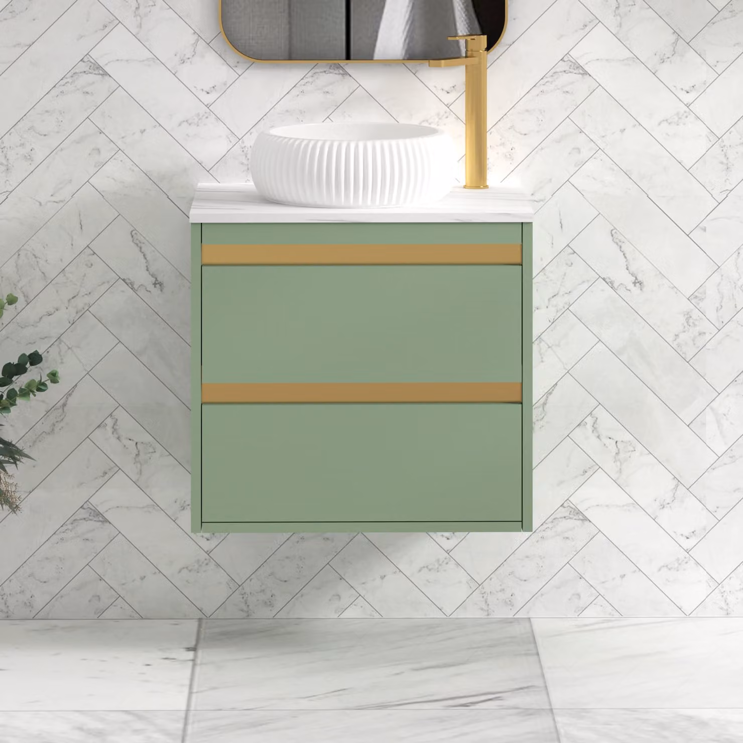Royal Bathrooms Orion 800mm Mint Sage Wall Hung Countertop Vanity Unit with Milan Basin and Brushed Brass Accent Trim