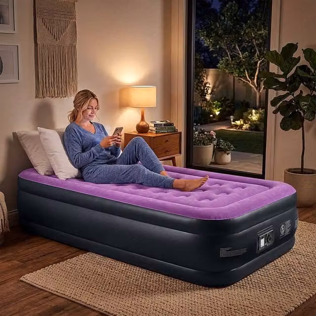 EONLION Purple Single Inflatable Air Bed with Built-in Electric Pump, W/D/H: 90 x 190 x 46 cm
