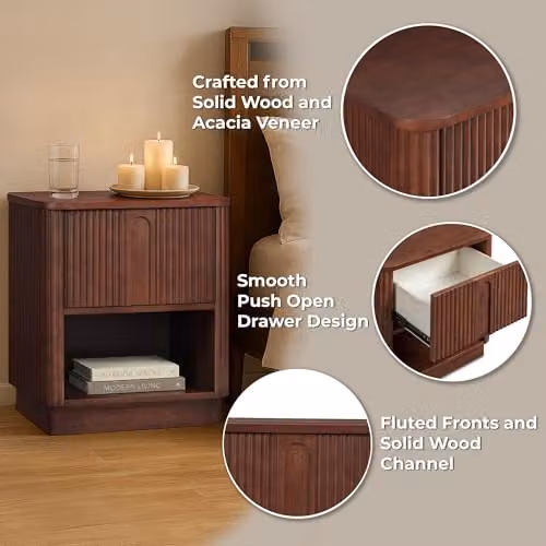 Teamson Home Potomac Scandinavian Style Acacia Wood Nightstand with Open Shelf and Drawer in Brown, W/D/H: 50.8 x 40.64 x 57.15 cm – 5