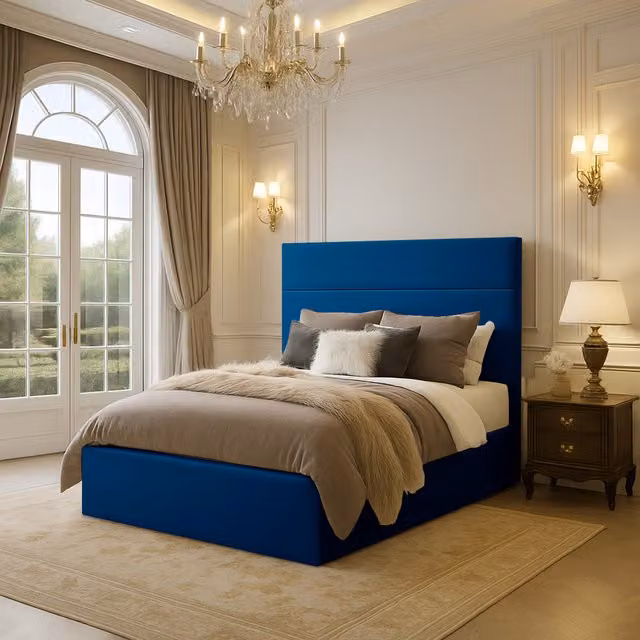 Desire Deco Olivia Upholstered Velvet Bed Frame in Blue, W/D/H: 90 x 190 cm