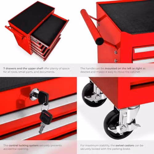 tectake Lockable and Rollable Steel Tool Chest with 7 Drawers, Red – 4