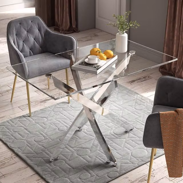 Livingandhome Modern Rectangular Dining Table with Transparent Tempered Glass and Silver X-Frame Chrome Legs