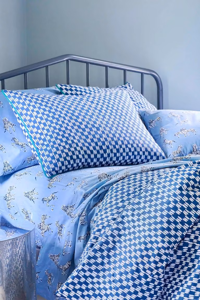 Martex Blue Petite Painted Check Cotton Duvet Cover and Pillowcase Set, W: 200 cm x D: 200 cm