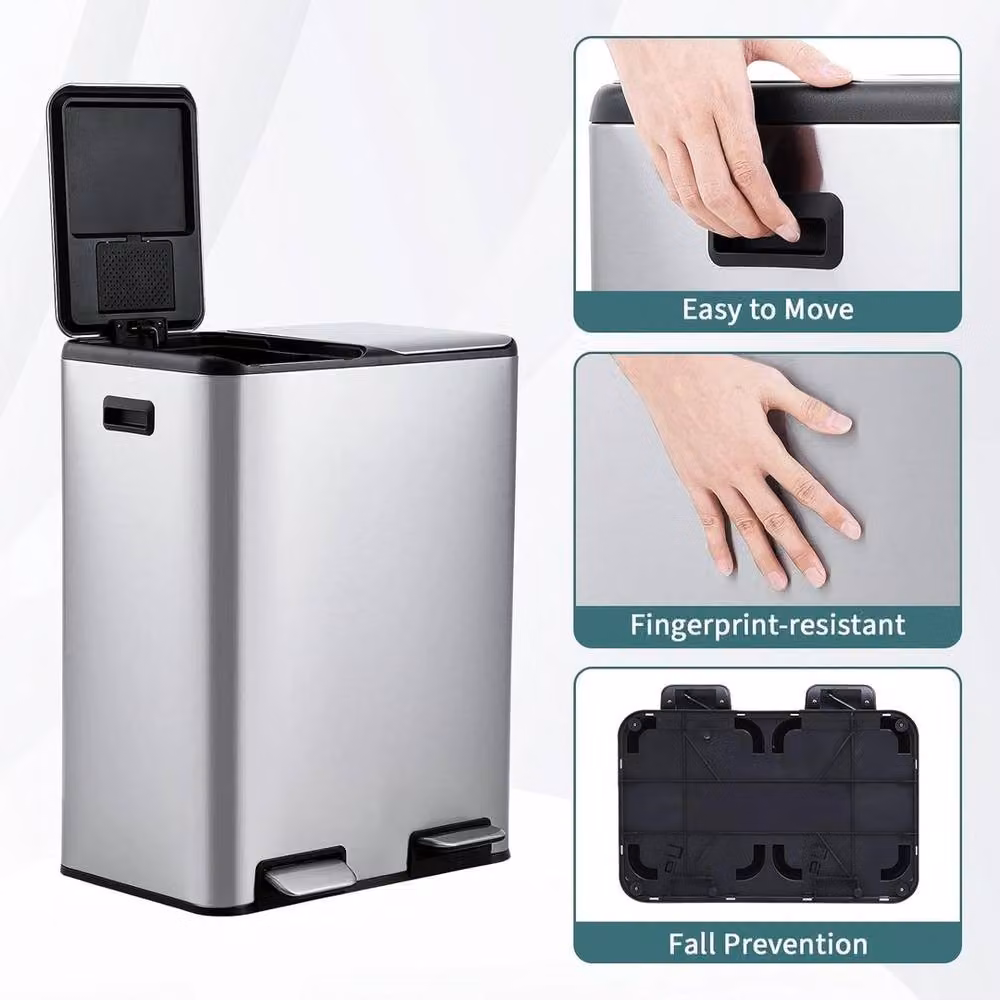 VOGREX 60L Dual Pedal Kitchen Recycling and Waste Bin in Silver – 5
