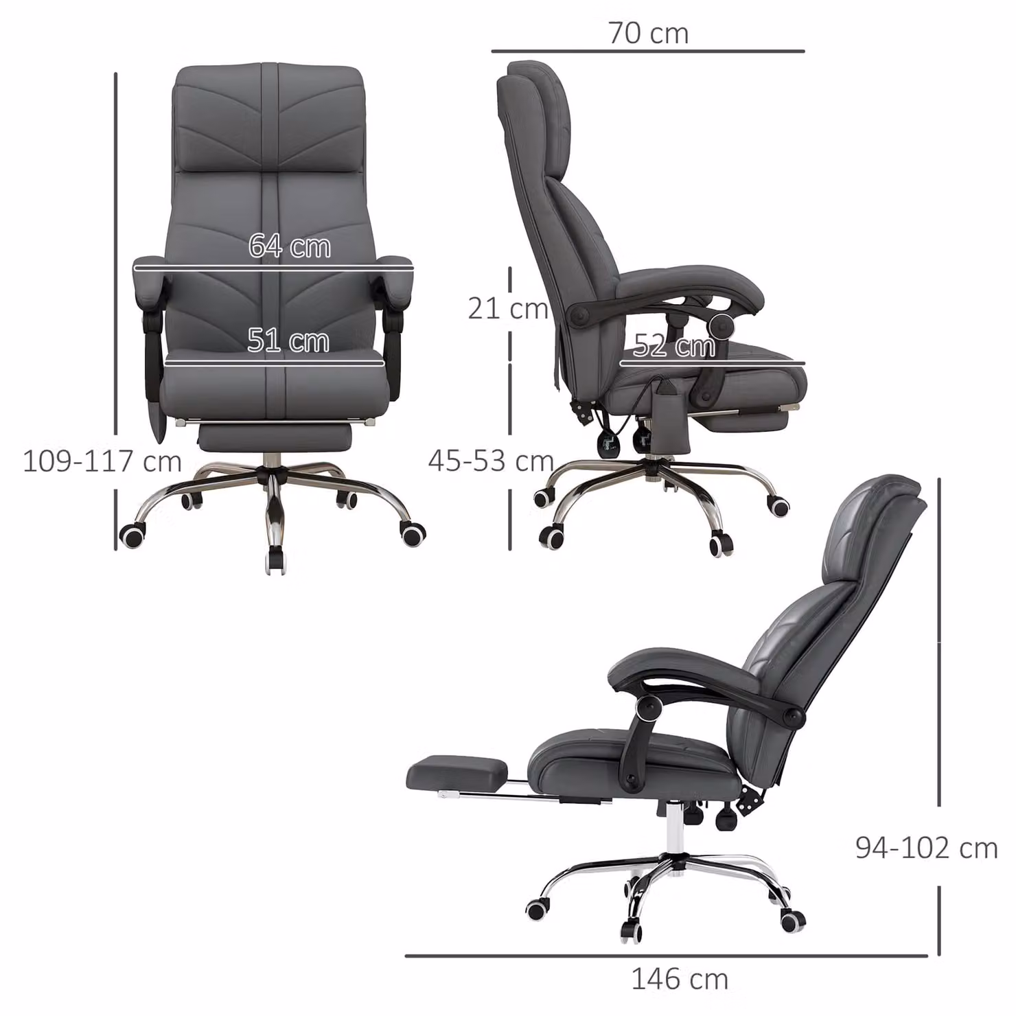 VINSETTO Grey PU Leather Executive Office Chair with Vibration Massage, Heat, Footrest and Headrest – 3