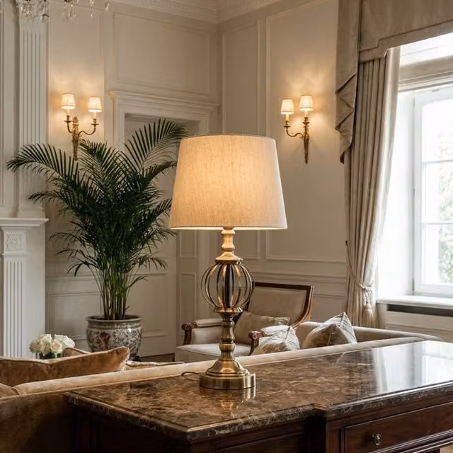 Orsina Antique Brass Table Lamp with Gold Orb Base and Beige Fabric Shade – 2