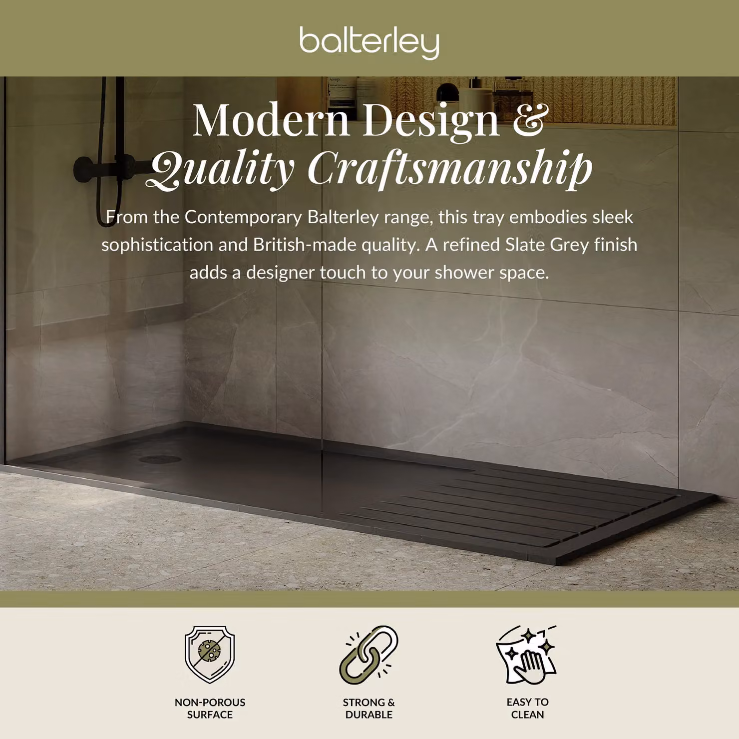 Balterley Premium Rectangular Walk In Shower Tray in Slate Grey, W: 1700 mm, D: 800 mm – 2