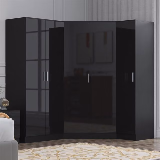 REFLECT Bedroom Wardrobe Door Bundle: 2 Door Corner, 2 Door Plain and 1 Door Plain in Black Gloss and Matt Black