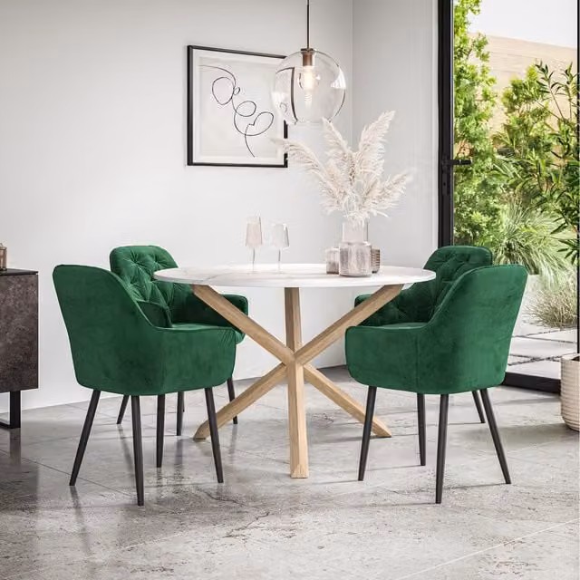 More4Homes Malvern Round Marble Effect Dining Table Set with 4 Green Anika Velvet Chairs and Oak Legs, Diameter: 120 cm, Height: 75 cm