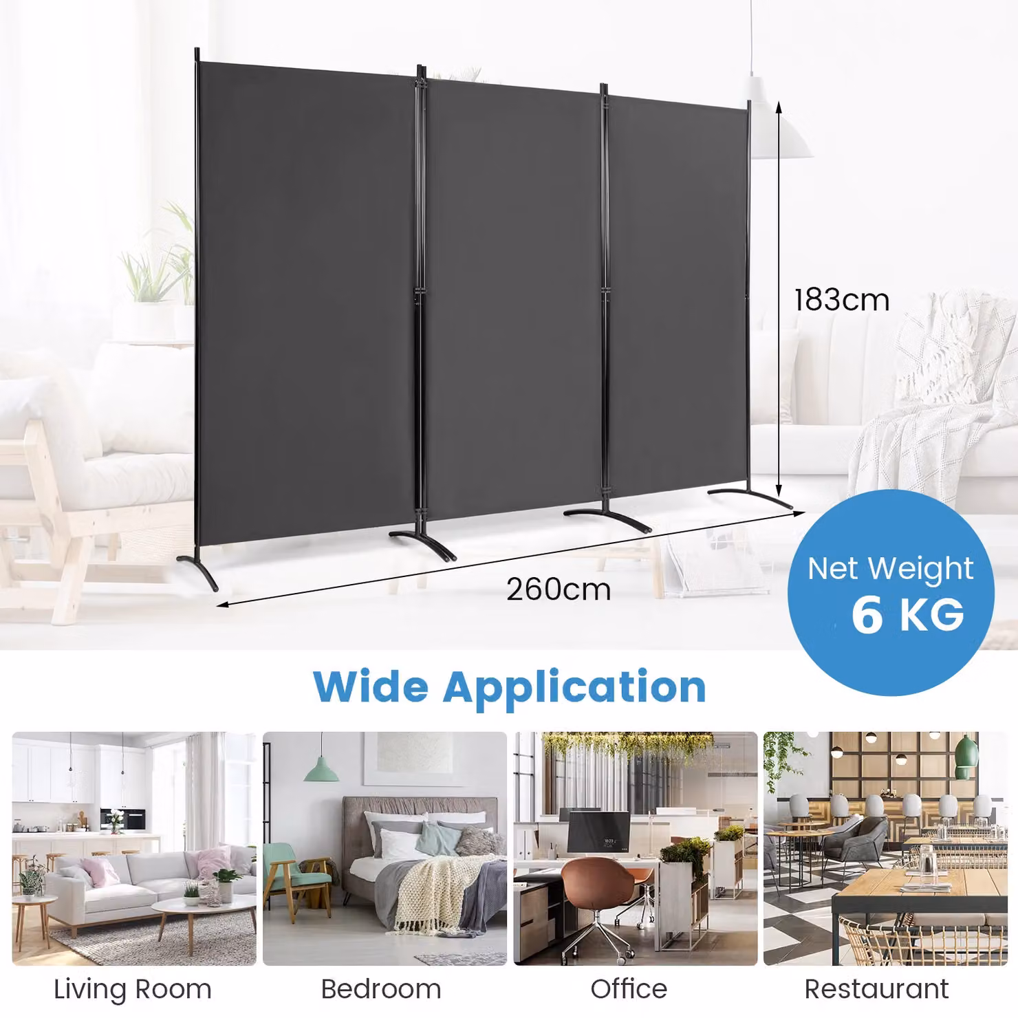 Costway 3-Panel Freestanding Folding Room Divider in Grey – 2