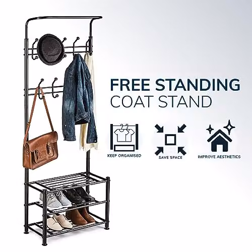 House of Home Black Metal Hall Tree with Bench and 18 Hooks, H 188 x W 68 x D 31 cm – 4