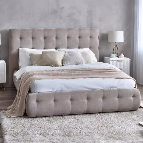 Julian Bowen Odette Upholstered Double Bed in Beige Fabric, H 118 x W 140 x D 212 cm