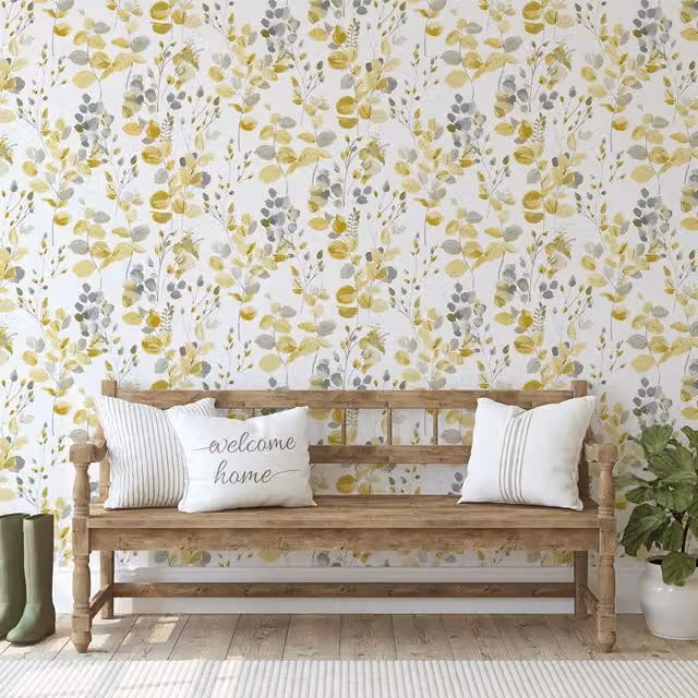 Fresco Watercolour Leaves Botanical Floral Wallpaper in Yellow and White