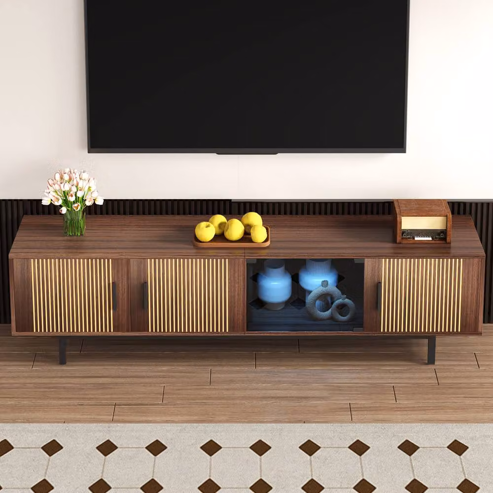 ModernLuxe TV cabinet lowboard with carved texture, LED light and glass doors in Walnut Brown, W/D/H: 200.0 x 53.0 x 53.0 cm – 4