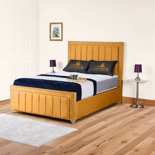 UK Bed Furniture Fiona Upholstered Slatted Base Bed with 48 Inch Headboard in Yellow Velvet, Size: Small Double (W/D/H: 120 x 200 cm) – 1