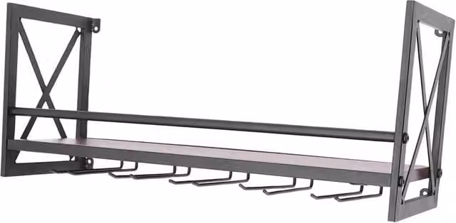 Kelvenix Wall-Mounted Black Metal and Glass Wine Rack and Gin Shelf with 5 Glass Holders
