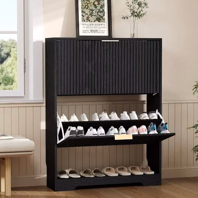 London Boutique Mid-Century Modern Black Wooden Shoe Storage Cabinet with 2 Drawers and Tilting Compartments – 1