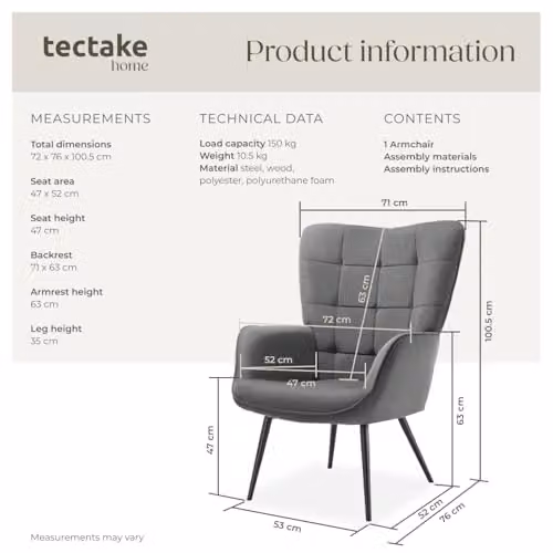 tectake Scandinavian Style Corduroy Armchair with Foam Padding and Steel Legs in Anthracite/Black, W: 76 cm, D: 72 cm, H: 100.5 cm – 3