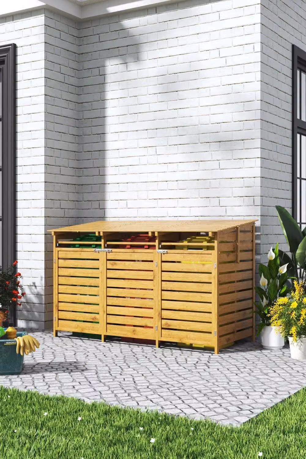 Garden Sanctuary Spruce Wood Outdoor Trash Can Storage Shed in Brown with 3 Hinged Doors, H 198.0 cm x W 111.5 cm – 2