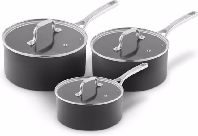Sur La Table 3 Piece Anodised Saucepan Set with Tempered Glass Lids and Grey Ceramic Non-Stick Coating, Induction Compatible
