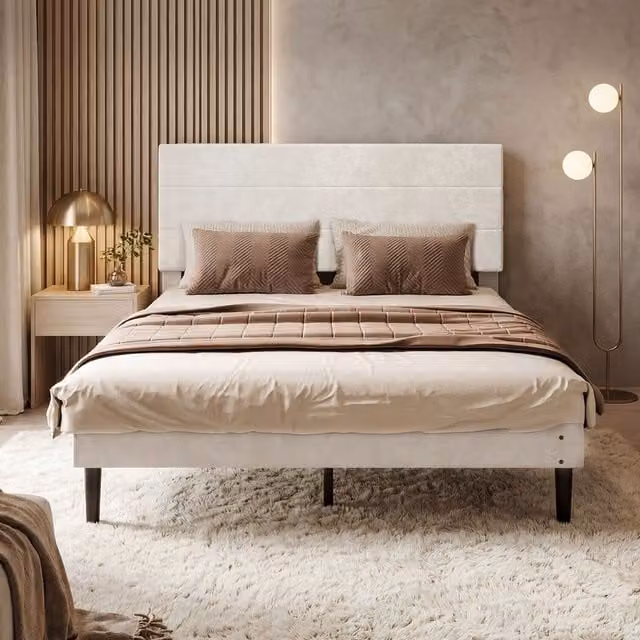 Levede Modern Double Bed Frame with Upholstered Velvet Headboard in White, W/D/H: 140 x 200 x 113 cm