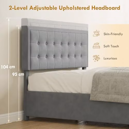 HOMCOM Upholstered Velvet Ottoman Double Bed with Lift-Up Storage in Grey, W: 140 cm x D: 190 cm – 2