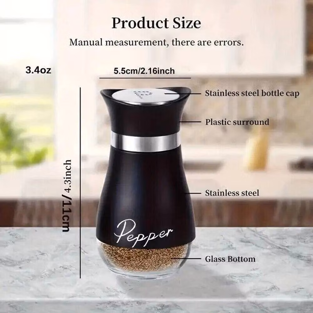 VOGREX Black Refillable Salt and Pepper Shaker Set with Glass Bottles and Stainless Steel Accents – 2