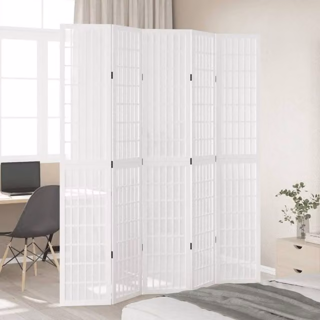 Berkfield Home 5 Panel Room Divider in White Solid Paulownia Wood, H 180 cm x W 220 cm